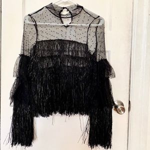 Fringe and lace polka dot top